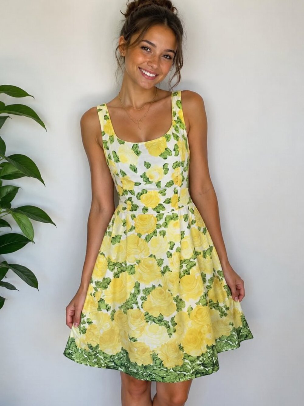 B. Smart Fit & Flare Dress Yellow Rose Sz 11/12 Sleeveless Scoop Neck Scalloped